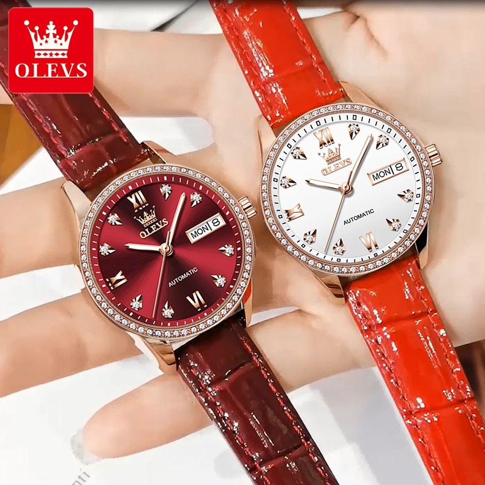 OLEVS Elegant Ladies Red Leather Watch Fashion Ladies Mechanical Watch Business Luminous Waterproof Clock Reloj Mujer 6637 enlarge