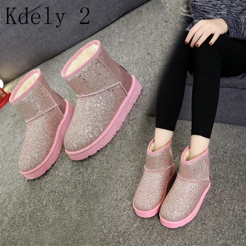 

Women Snow Boots Suede Cowhide Leather Ankle Boots Warm Winter Boots Woman shoes large size 36-40 paillette