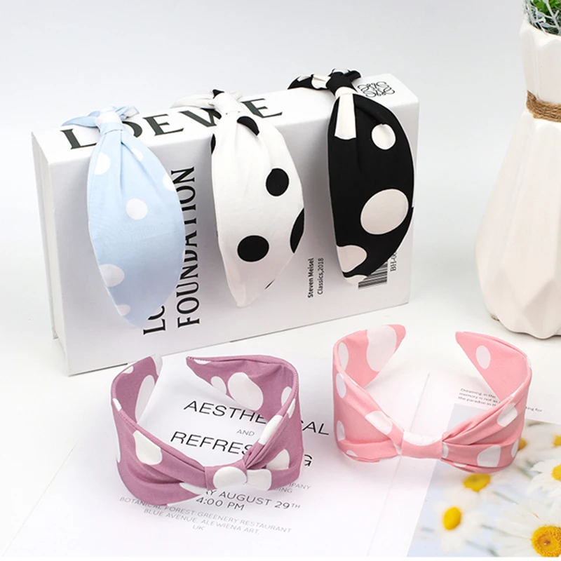 

Модная повязка на голову в белый горошек с узлом для женщин, широкая повязка на голову с бантом для девочек, обруч для волос, аксессуары для в...