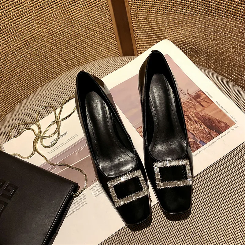 

Meotina Crystal Cow Patent Leather Pumps Real Leather Mid Heel Shoes Women Square Toe Slip On Footwear Chunky Heels Shoes Pink