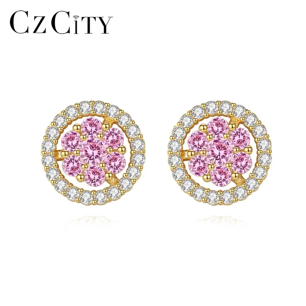 

CZCITY Stud Earrings for Women Pink Cubic Zircon Round Flower 925 Sterling Silver Fine Jewelry Dating Christmas Gift SE20060937