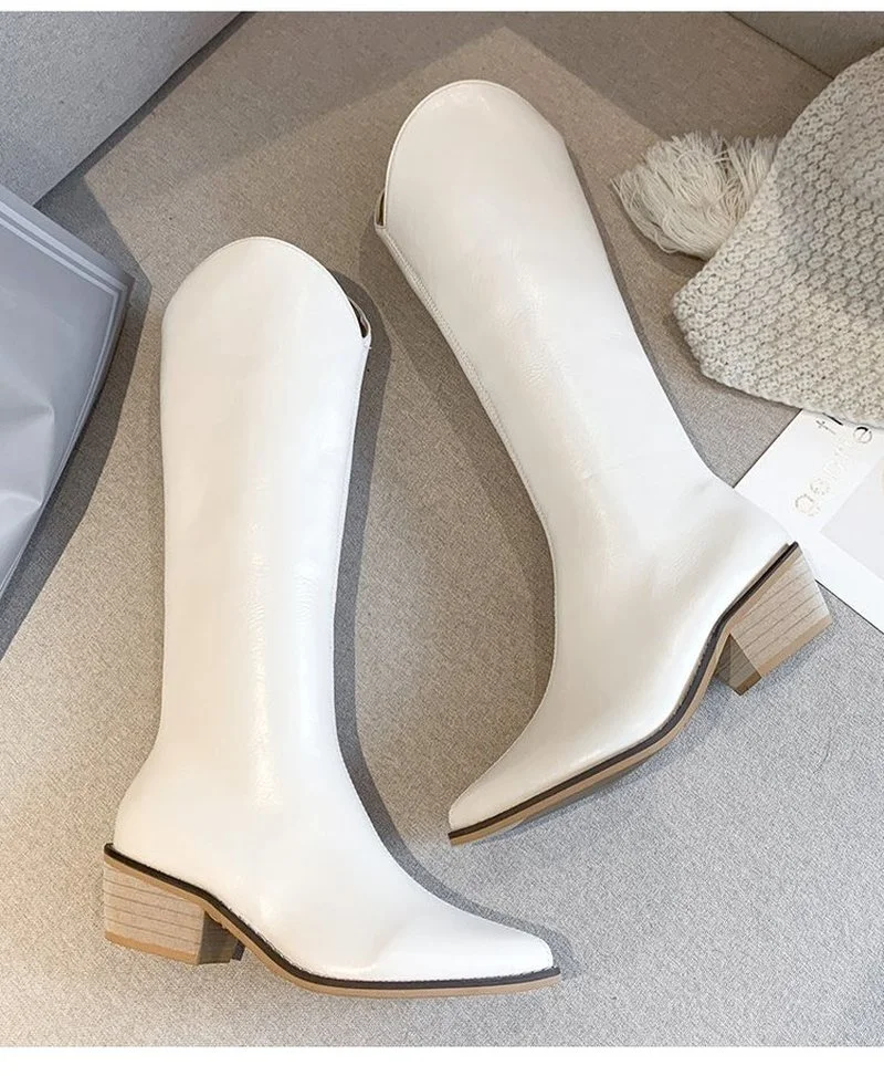 

2021 Autumn winter Woman Shoes Knee-High Chelsea Boots High heels Pointed end PU Leather Square Heel casual Party