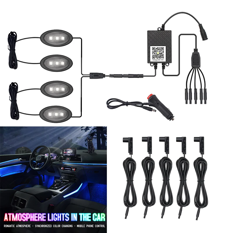 

12V APP Control RGB Decorative Dashboard Door Atmosphere Lights LED Interior Ambient Light Car Neon Strip With Cigarette Lighter