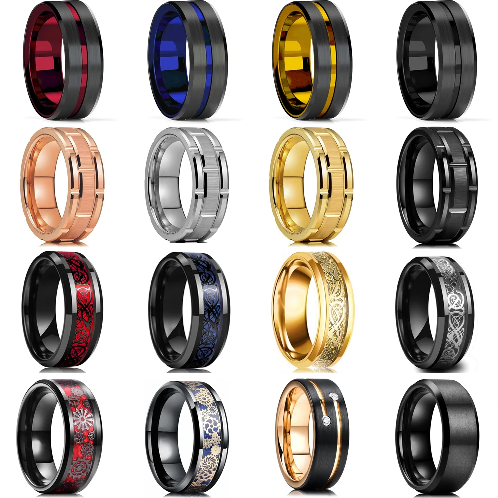 

Fashion Men's 8mm Gold Groove Beveled Edge Black Tungsten Wedding Carbon Fiber Ring Punk Gear Wheel Stainless Steel Ring For Men