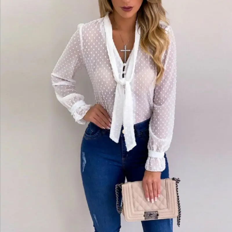 

Women Long Sleeve Blouse Mesh Pure Solid Loose Casual Chiffon Shirt Business Ladies Shirt V Neck Bandage Blouses Top Clothing