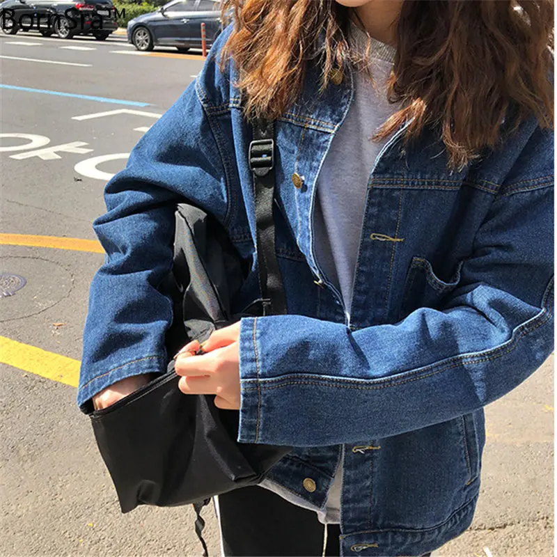 

Bornsra Autumn New BF Style Stylish Loose Women Pockets Fresh Brief Casual Students Denim Cardigans Jackets All Match Coat