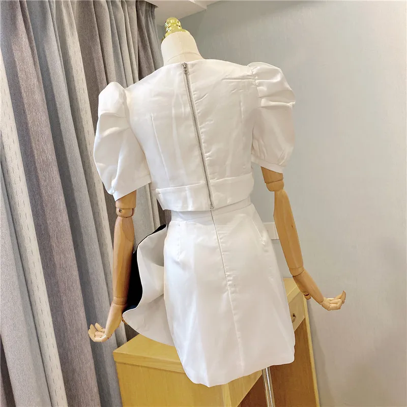 

Ladies Skirt Outfits Women New Puff Sleeve Pleated Satin Cropped Top + High Waist Big Bow Rhinestone Mini Skirt 2 Piece Set