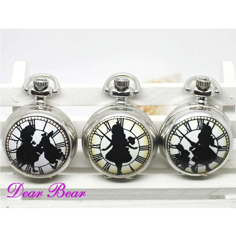 (6001) Серебряная Страна Чудес с кроликом Эмаль кварцевые карманные часы ожерелье