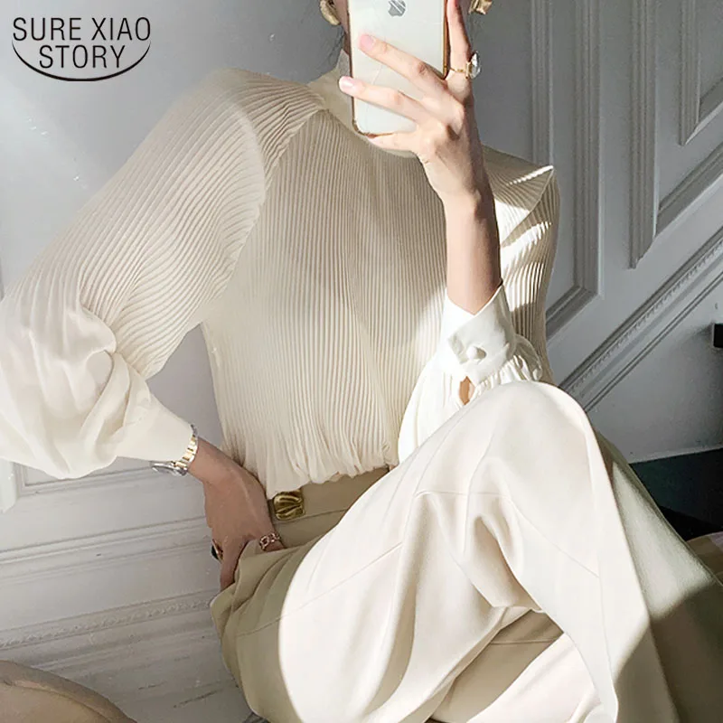 

2021 Spring New Pleated Women Shirts Fashion Office Lady Chiffon Blouse Women Stand Collar Puff Sleeve Solid Female Tops 12725