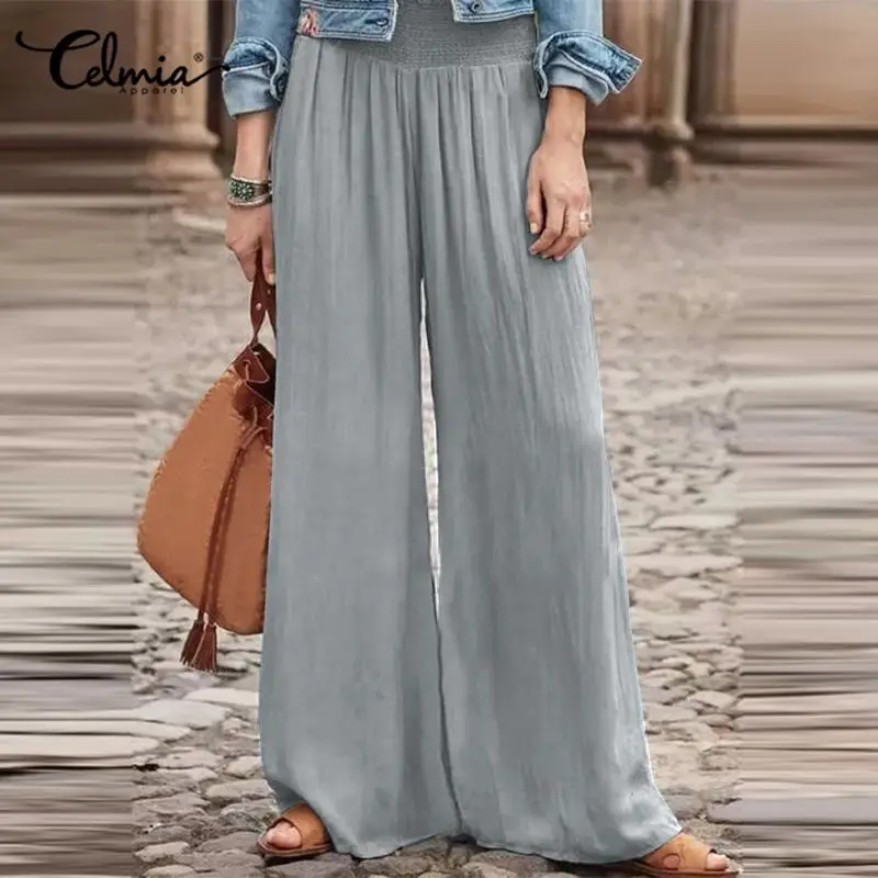 

Celmia Oversize Wide Leg Pants Women Casual Loose Long Trousers 2022 Fashion Smocking Pantalon High Waist Pleated Office Pants