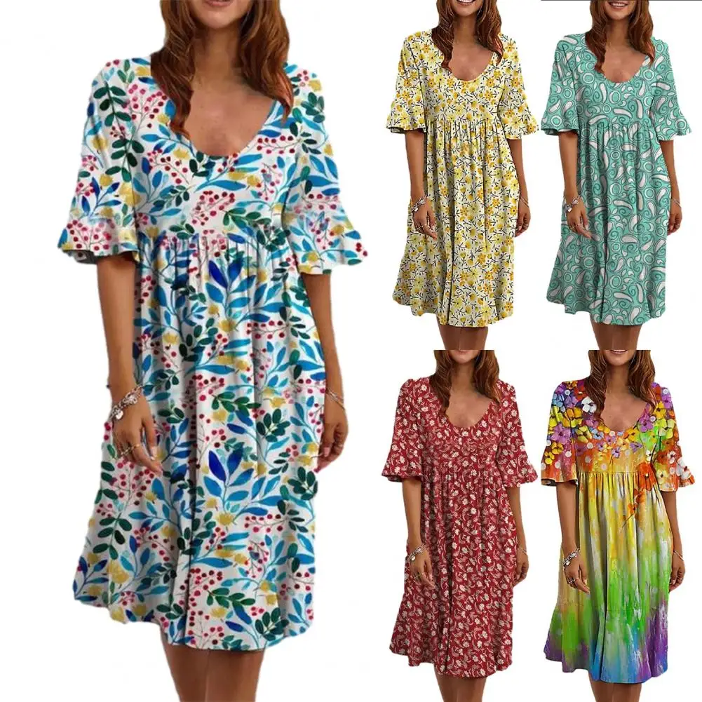 

Womens Summer dress Boho Floral Print Short Sleeve Knee-Length Dress Ladies Loose A Line Dress beach Dress robe femme vestidos