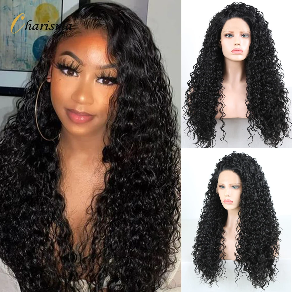 

Charisma Long Curly Synthetic Lace Front Wigs For Women Black Color Kinky Curly Lace Front Wig Heat Resistant Fiber Cosplay Wig