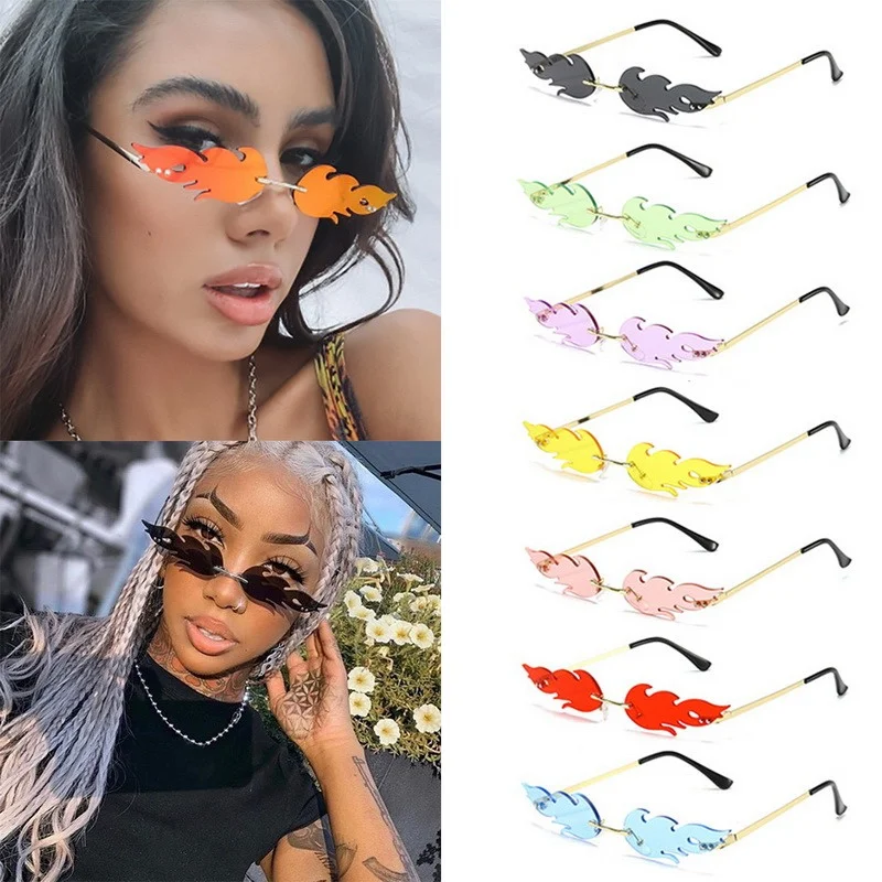 

Luxury Cat Eye Sunglasses Women Vintage Brand Designer Rimless Fire Flame Sun Glasses Trending Mirror Lens Narrow Eyewear
