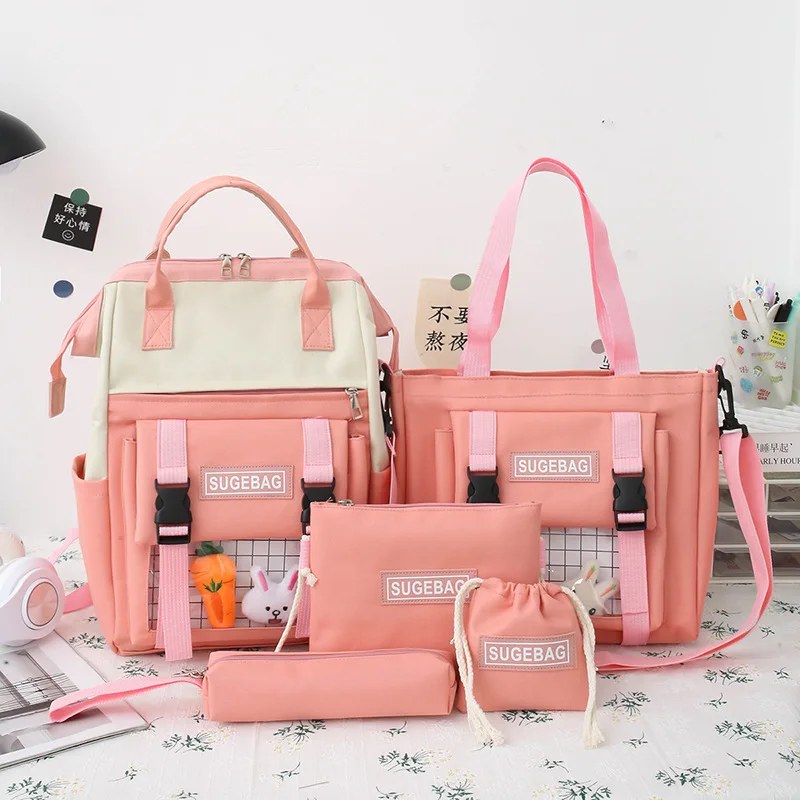 

5Pcs/set Canvas Laptop Backpacks Women School Bags for Teenage Girls 2021 High Quality Book Bag College Travel Backpack