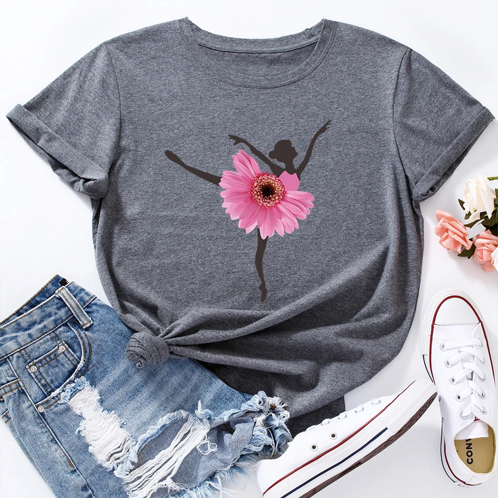 

Red Flower Dance Girl Women's Graphic Tees 100% Cotton Short Sleeve Crew Neck Loose T Shirt Tops Female Summer Clothes