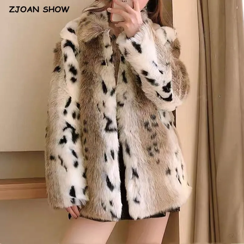 

HIGH QUALITY Winter Lapel Hairy Shaggy Gradient color Leopard Fur Jacket Long Sleeve Furry Women Coat Loose Vintage Outerwear