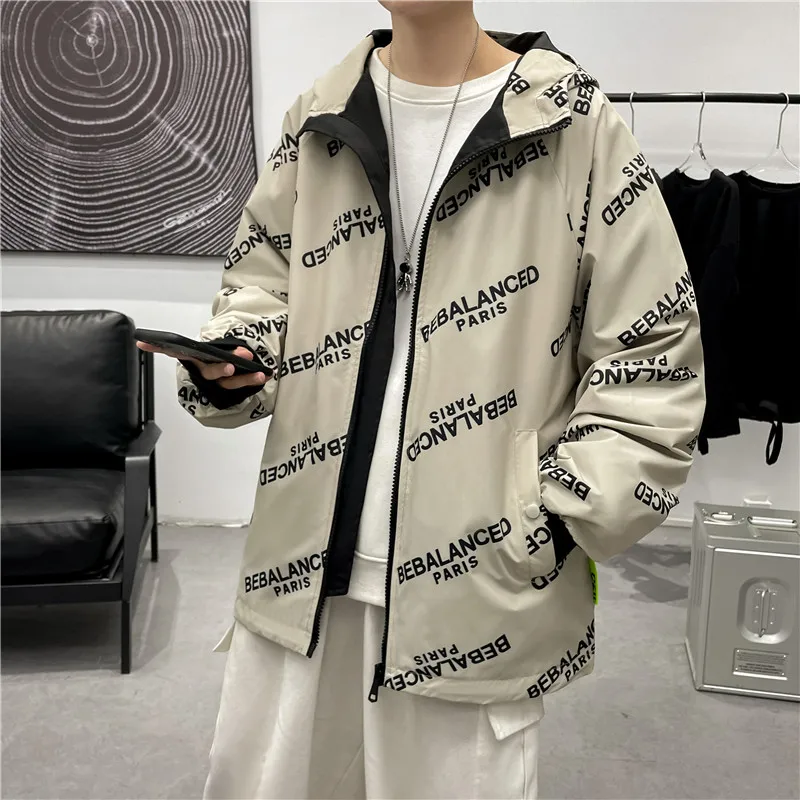 Куртка с капюшоном в стиле преппи буквенным принтом Мужская Корейская