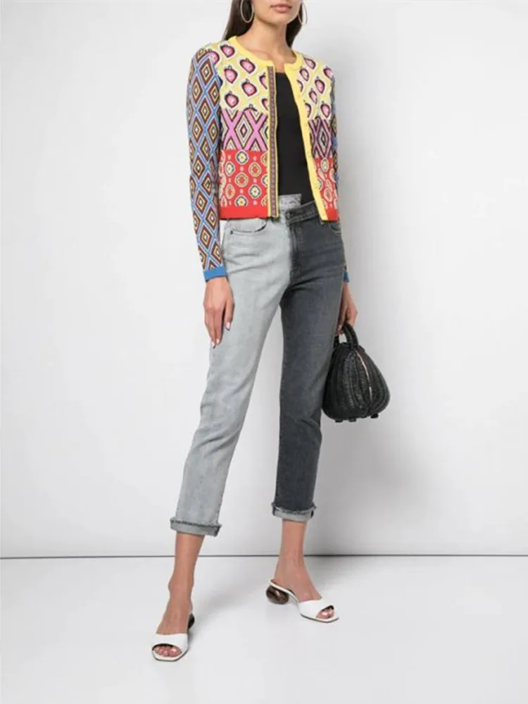 Brand Designer women's cardigan 2019 Vintage Contrast geometric heart Single Breasted Round Neck Open Stitch Cardigan Knit Coat |