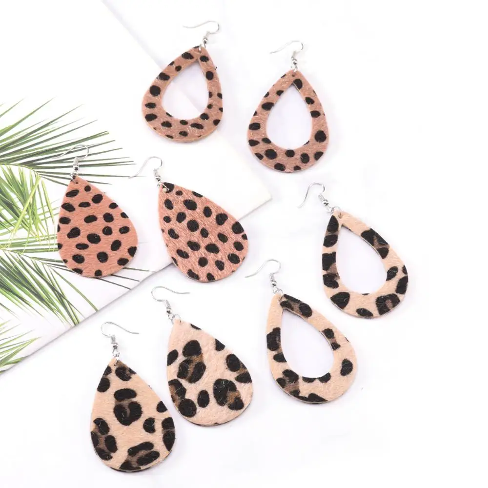 Женские кожаные серьги классические леопардовые в форме капли воды массивные