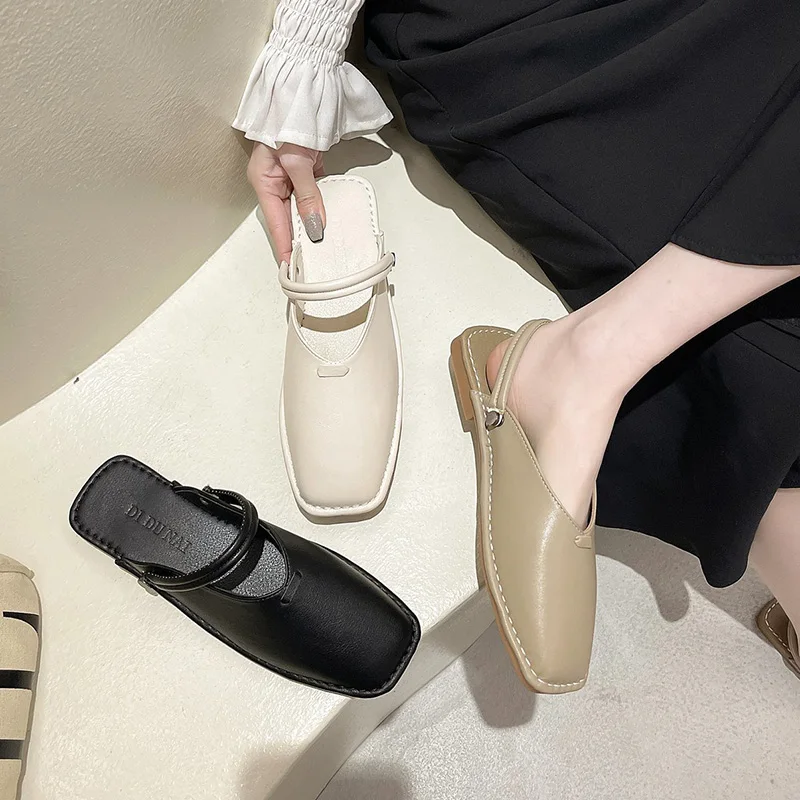 

Shoes Womens Slippers Outdoor Loafers Pantofle Slides Female Mule Cover Toe Fashion 2021 Mules Luxury Flat PU Basic Rome Retro
