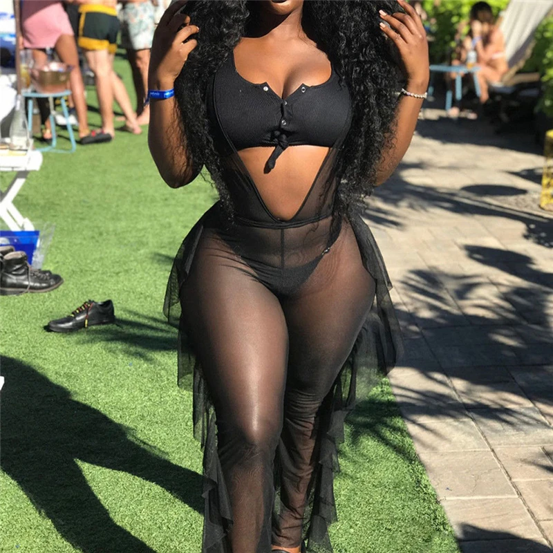 

Женский сексуальный комбинезон с глубоким V-образным вырезом, модное прозрачное кружевное бикини, накидка, прозрачный сетчатый комбинезон ...