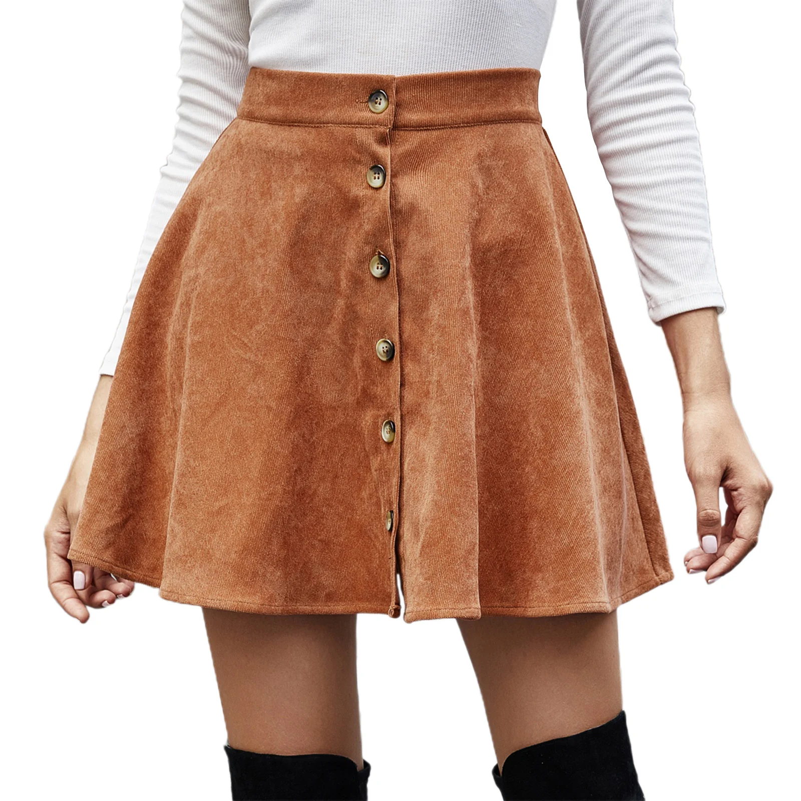 

Осенне-зимняя женская Вельветовая мини-юбка, элегантная однотонная трапециевидная короткая юбка с завышенной талией и пуговицами