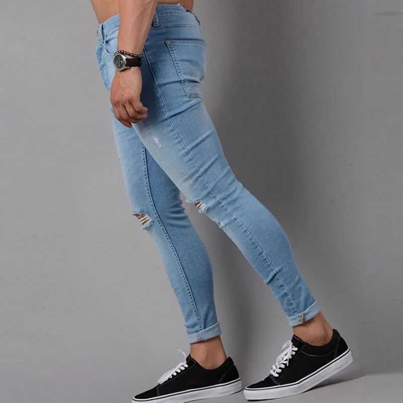 Синие облегающие джинсы мужские осенние винтажные джинсовые брюки карандаш