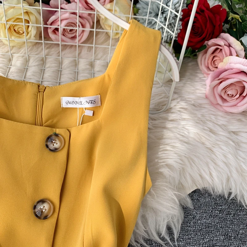 Винтажное тонкое летнее осеннее короткое платье на пуговицах, vestido de festa, сарафан на бретелях, Повседневные Вечерние женские платья трапециевидной формы с высокой талией