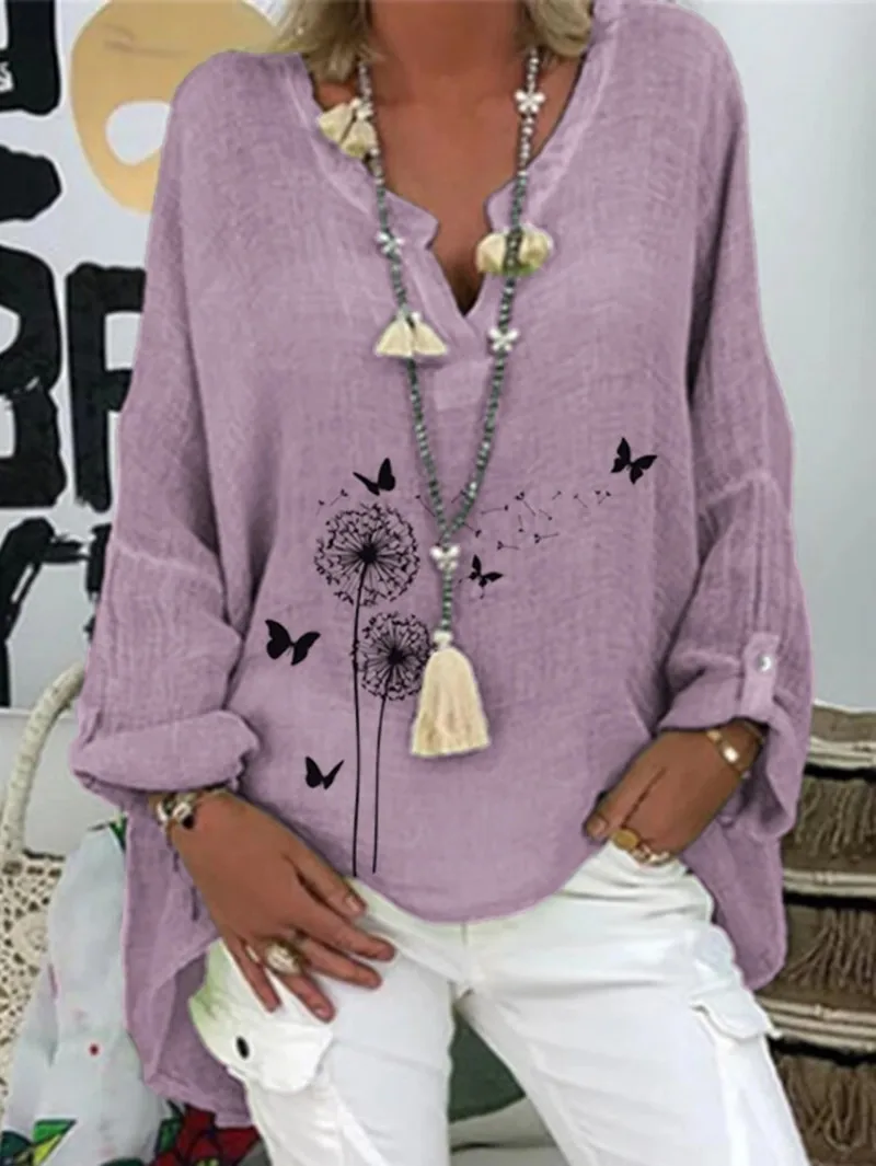 

Large size loose cotton blouse 2020 summer and autumn new blouse top casual V-neck long-sleeved printed blouse