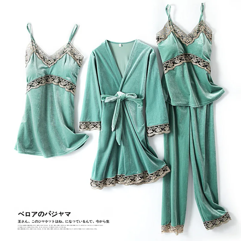 

Sleepwear Velvet Women 4PCS Pajamas Set Sexy Hollow Out Lace Trim Nightgown Homewear Casual Bathrobe Nightwear Intimate Lingerie