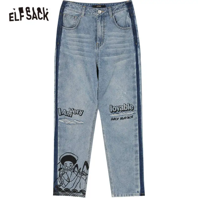 

ELFSACK Blue Original Graphic Print Washed Casual Denim Jeans Woman 2020 Summer ELF Ripped Hole Korean Ladies Daily Trousers