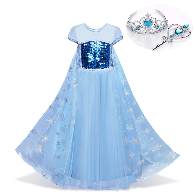 

Костюм принцессы Эльзы для девочек, Многослойная сетка, блестящая ткань до щиколотки, блестящая накидка, платье с коротким рукавом