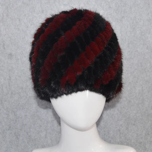 black and wine red Новинка, зимние женские шапки из натурального меха норки, вязаная шапка ручной работы, шапка из натурального меха норки, хорошее эластичное качество, шапка из меха норки - Цвет: black and wine red
