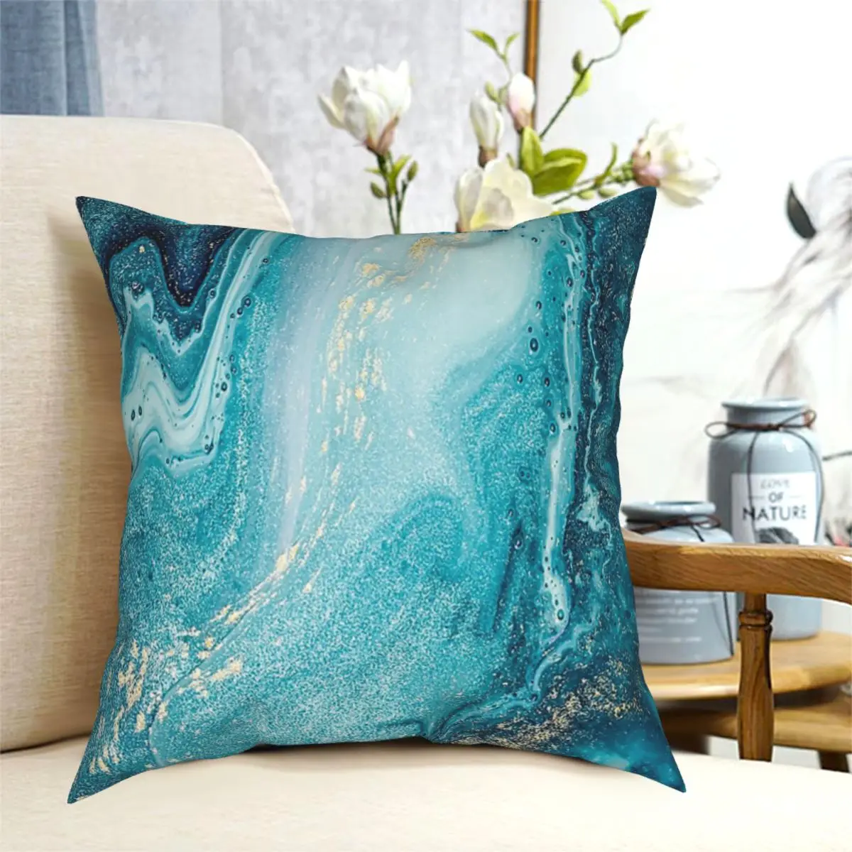 

Aqua Turquoise Azure, Teal Gold Marble Texture Floor Pillow Pillow Cushion Cover Decorative Pillowcases Case Home Sofa Cushions