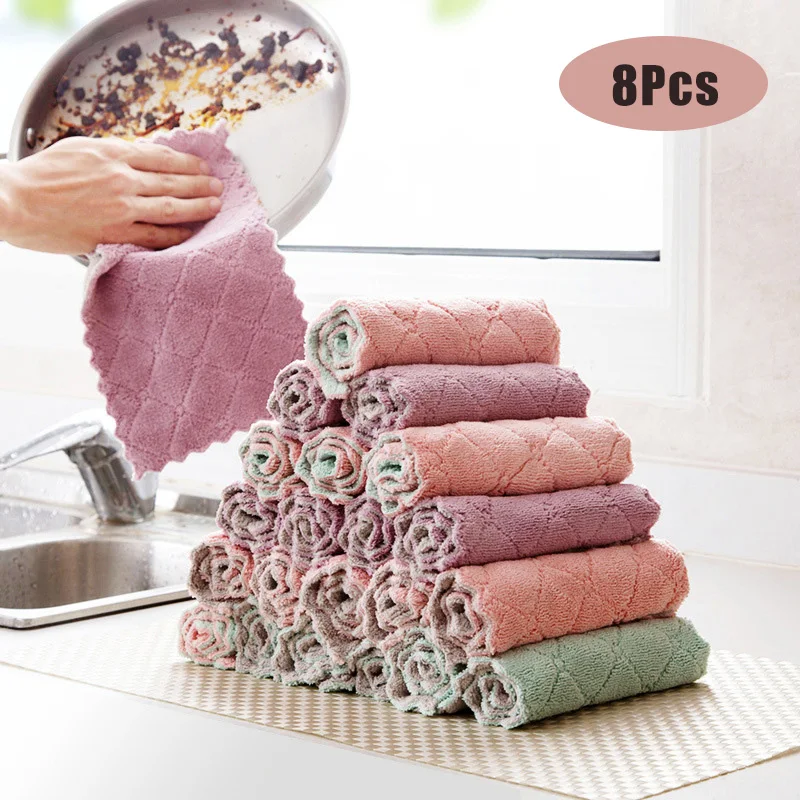 

8PCS/lot Microfiber Kitchen Towels Super Absorbent Cleaning Cloths Non-stick Oil Dish Cloth Washing Kitchen Rag Cleaning Tools