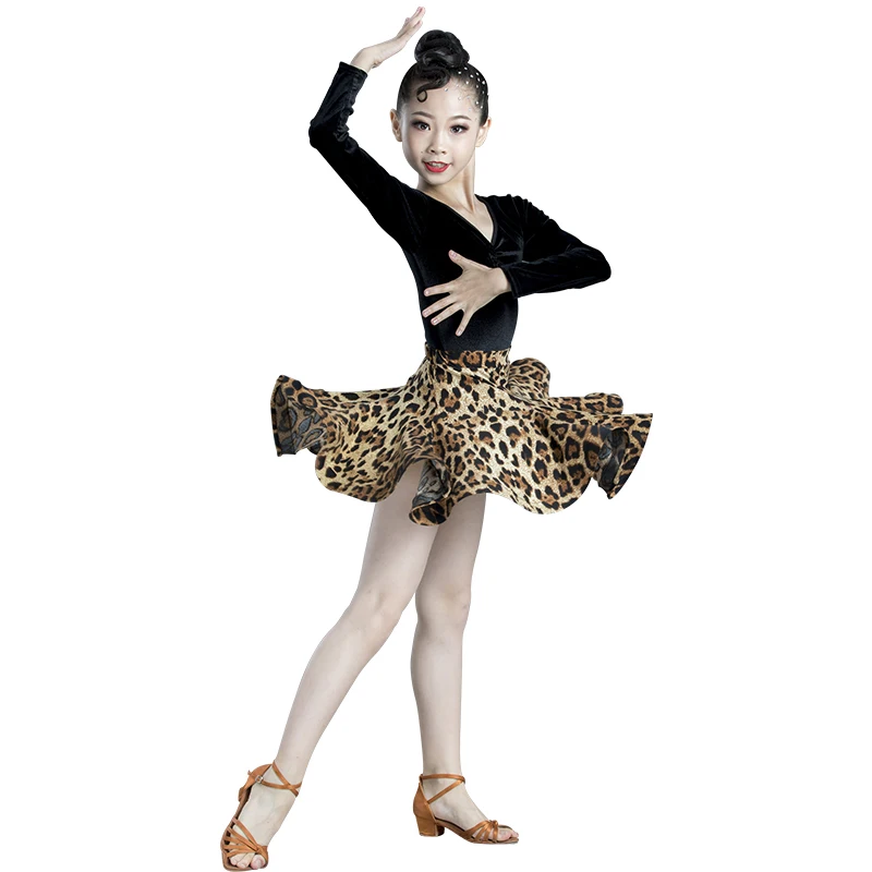Leopard Print Girls Latin Dance Fringe Dress Kids Ballroom Competition Evening Party Stage Performance Clothing Top+skirt Set |