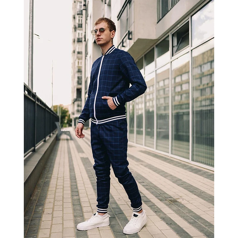 

2021 New Men's Fashion Casual Striped Plaid Sports Suit Men Two-Piece Set Zip Jacket + Pants Men's Jogging Sports Clothing