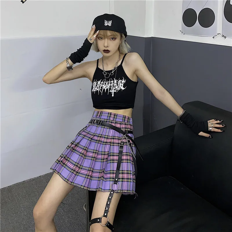Женская плиссированная юбка GOTH GIRL фиолетовая клетчатая трапеция в стиле