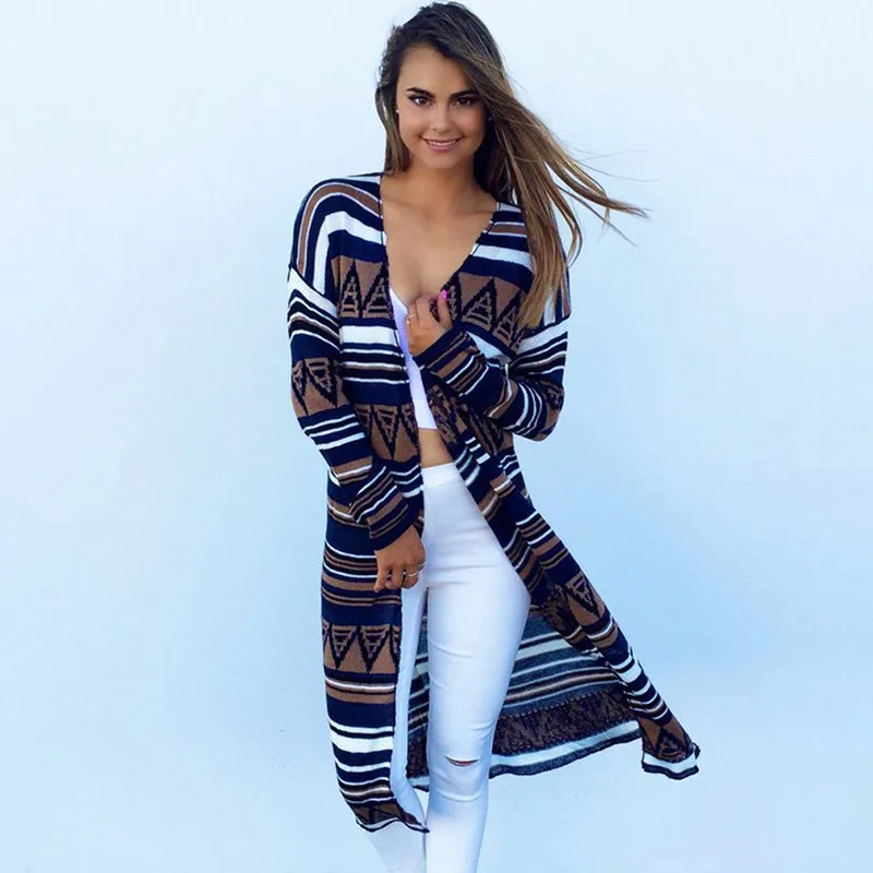 2020 Autumn Winter Mid-length Cardigan Sweater Women Long-sleeved Casual Knitted Jacket Printed Sweaters |