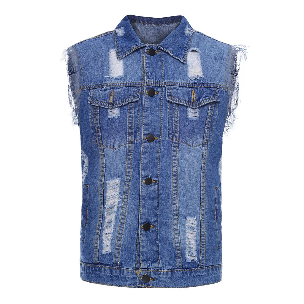 

ripped denim vests men fashion streetwear Man Waistcoat Vest jacket sleeveless gilet homme hip hop