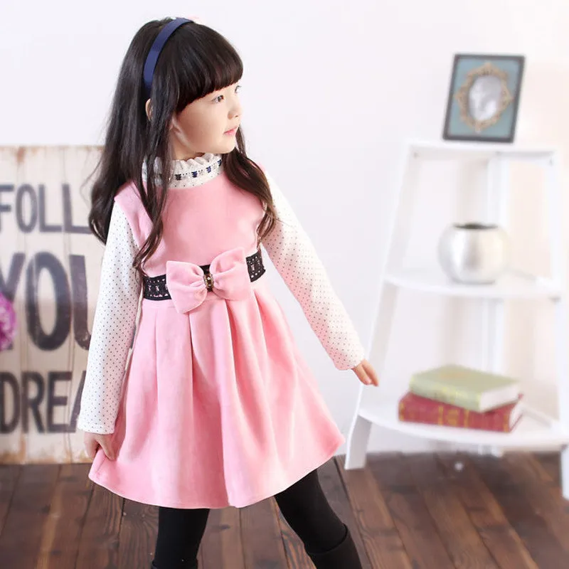 Платья для девочек зимняя одежда малышей детская из плотного бархата теплое
