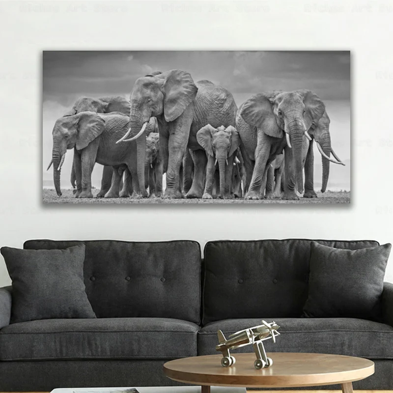 

Modern Black African Elephant Herd Posters and Prints Wall Art Canvas Painting Animals Pictures for Living Room Cuadros Decor