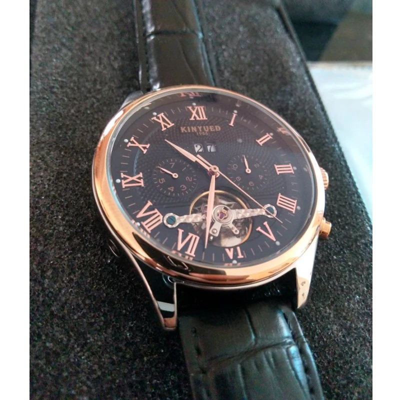 Мужские механические Автоматические наручные часы KINYUED Skeleton Tourbillon спортивные