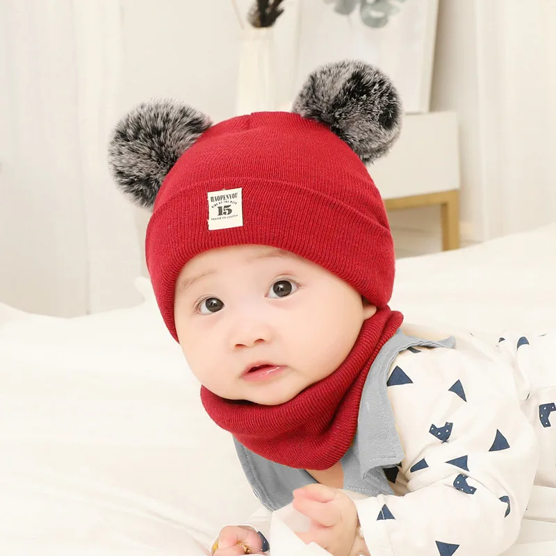 13-2Pcs Комплект из 2 предметов, детские шапки-бини с ушками Микки Мауса, одноцветная шапка в полоску и шарф, зимний теплый костюм для маленьких мальчиков и девочек - Цвет: 13-2Pcs