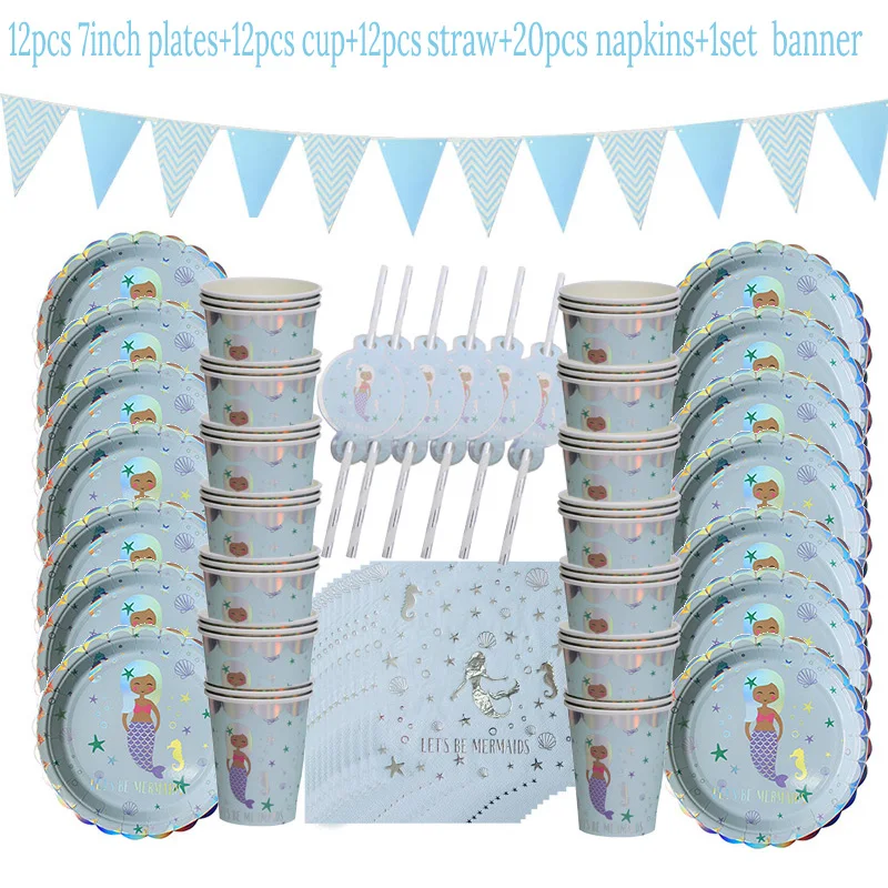 

Mermaid party Disposable Tableware napkin Paper Straws Cup Plate Banners Wedding Birthday Children birthday party decoration