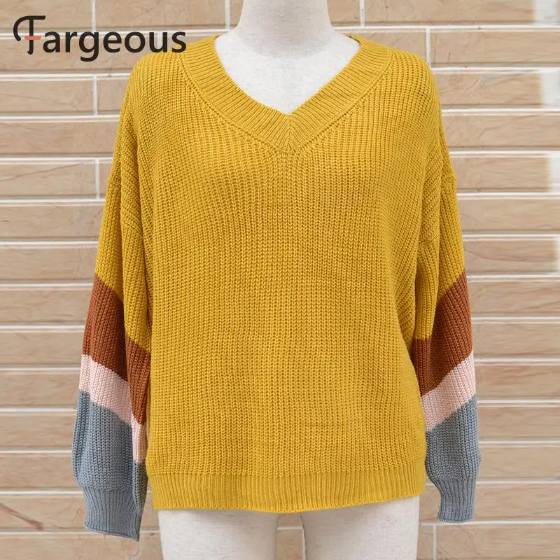 Женский лоскутный свитер размера плюс с v-образным вырезом Свободный пуловер в