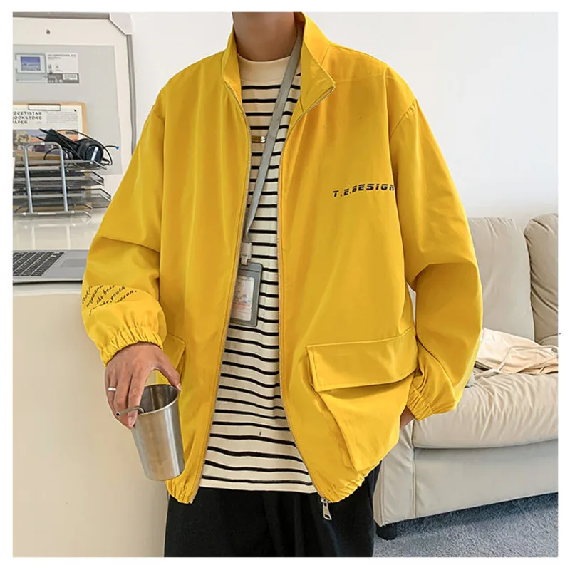 

Осенняя Повседневная куртка с воротником-стойкой, трендовая Корейская мужская Свободная куртка, уличная одежда, ветровка желтого цвета, Ре...