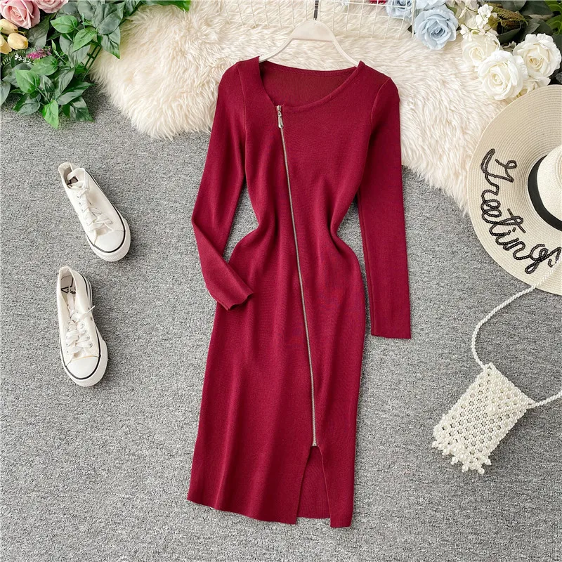 

Women's Knit Dress Autumn Winter O-neck Zippers Split Knit Bottoming Dress Tight Long-sleeved Dress Solid Sweater Dress ML375