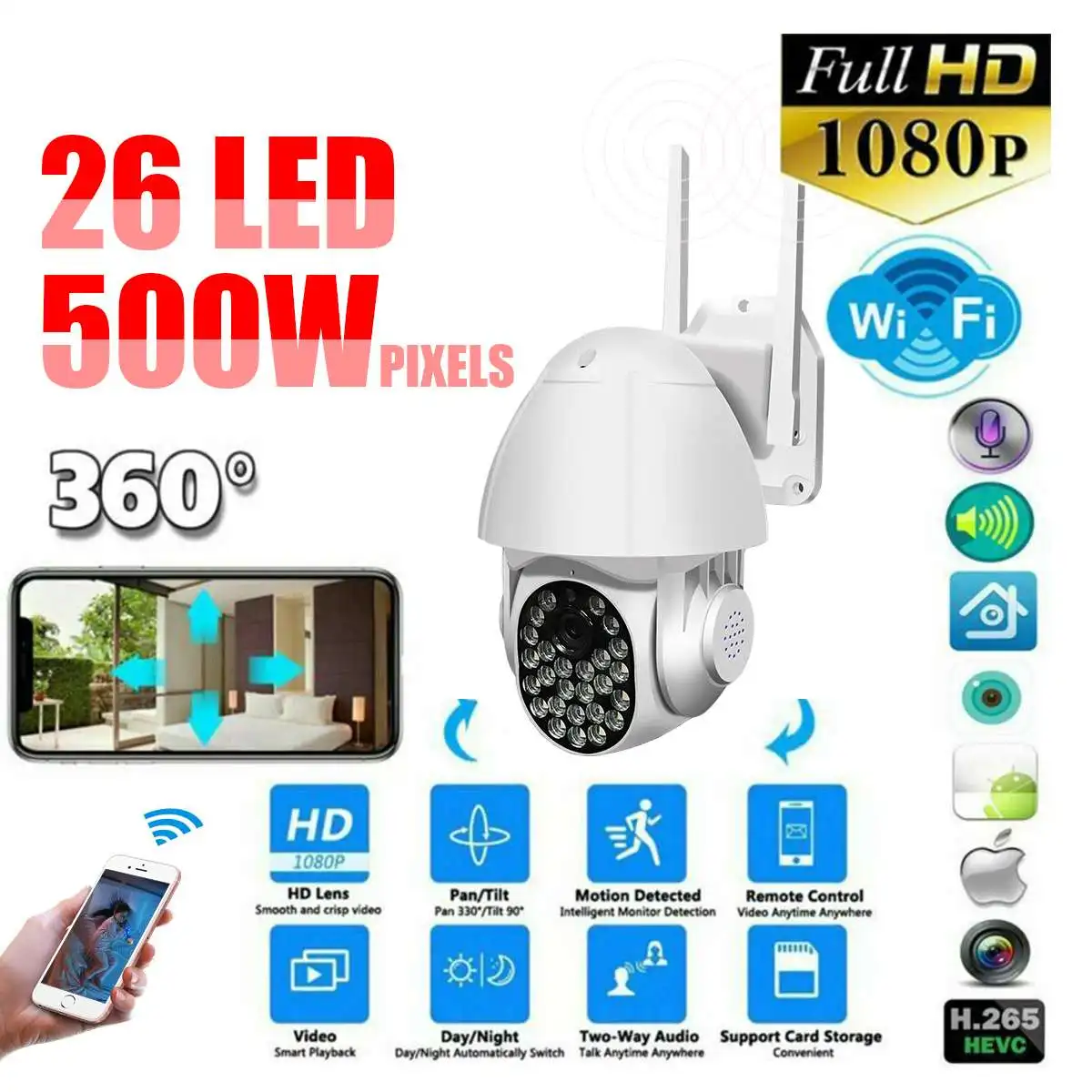 

1080P PTZ Wifi IP Camera Outdoor 4X Digital Zoom AI Human Detect Wireless Camera H.265 P2P Audio 5MP Security CCTV Camera