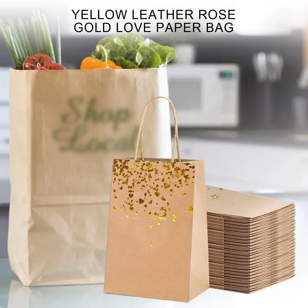 Hot New 10pcs Gift Bag Kraft Paper Bag With Handle Recyclable Yellow Leather Love Handbag Birthday Wedding Christmas Celebration images - 6